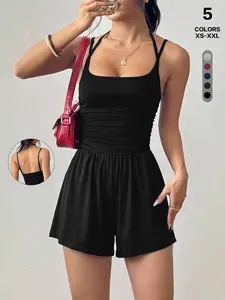 Trendy Halter Tops Set, Solid Color Sleeveless Romper, Slim Fit Backless Jumpsuit Shorts, Summer Casual Playsuit, High Waist Design