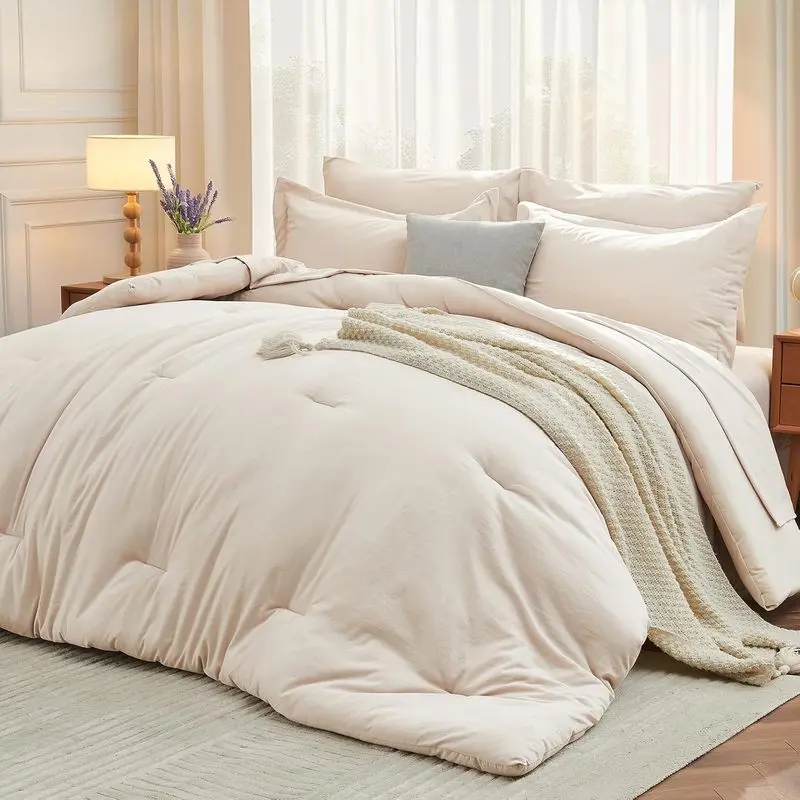 Queen Comforter Set 7 Piece Bed in a Bag Beige Bedding Set Soft All Season Comforter with Sheets Pillowcases & Shams