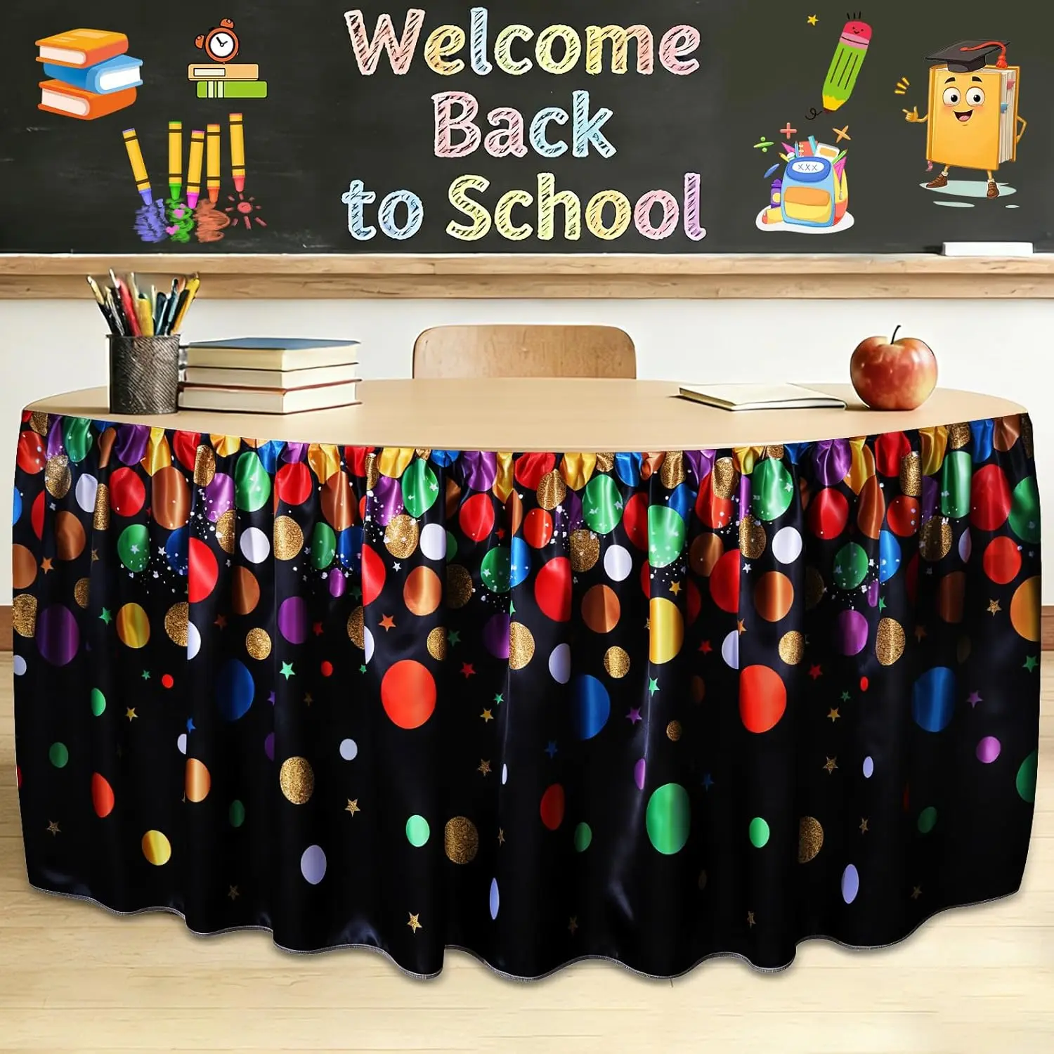 Wiooffen 6ft Colorful Ruffled Polyester Confetti Table Skirt Set - Rectangle Table Cover with Ruffled Edge, Back to School Festive Decor for Classroom Teacher Desks