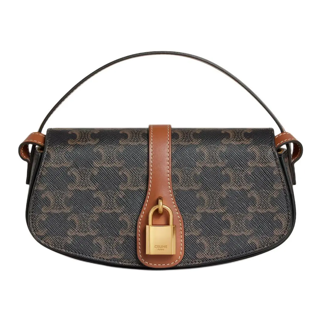 Celine Tabou Canvas Mini Bag for Women – Classic Monogram Gold Lock, Baguette Style, Tan