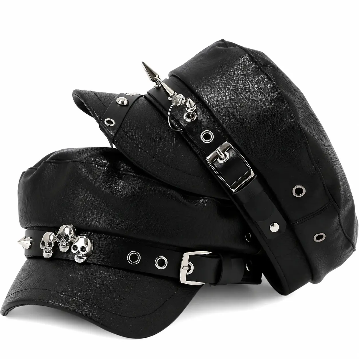 Women’s PU Leather Fiddler Cap with Skull Embellishments and Metal Spike Rivets — Gothic Punk Military-Inspired Headwear for Festivals, Costume Events, and Edgy Everyday Styling
