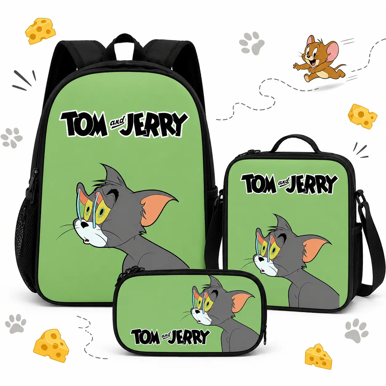 Tom and Jerry 3-Piece School Backpack Set, Green Cartoon Bookbag with Lunch Bag and Pencil Case, Back to School Supplies for Kids,sport backpack,lightweight,Pastel,Embroidered,Canvas,Tote,Bags,Adjustable,Crossbody,Shopping,Men,Chri,Drawstring,Gym,Sackpack