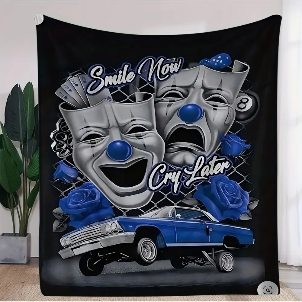 1pc Smile Now Cry Later Chicano Blanket Blue Rose Lowrider Old School Car Clown Mask Fleece Throw Blanket, Gothic Tattoo Art Soft Flannel Blankets For Sofa Bed Home Decor Gift