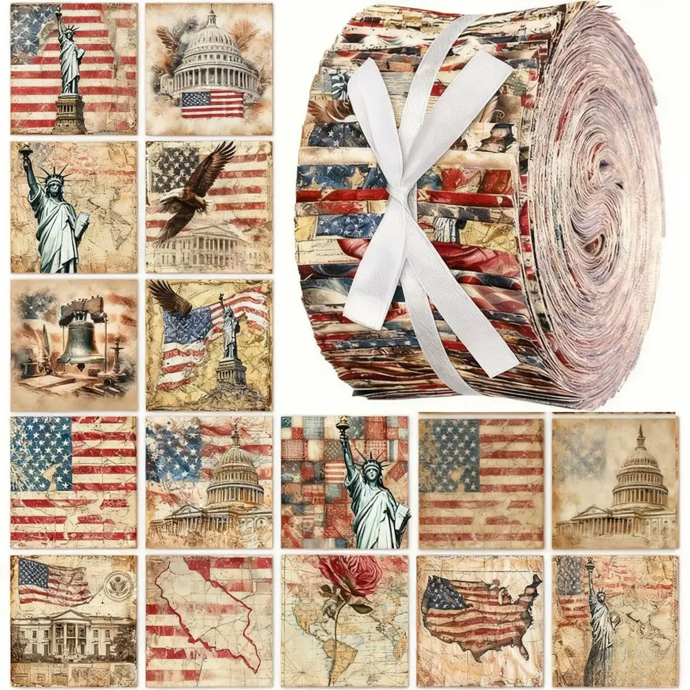 40Pcs Precut Printed Fabric Strips - Vintage Patriotic Flag Print, 2.55x19.7 inch Cotton-Polyester Rolls, Hand Wash Only for DIY Crafts, Independence Day Projects
