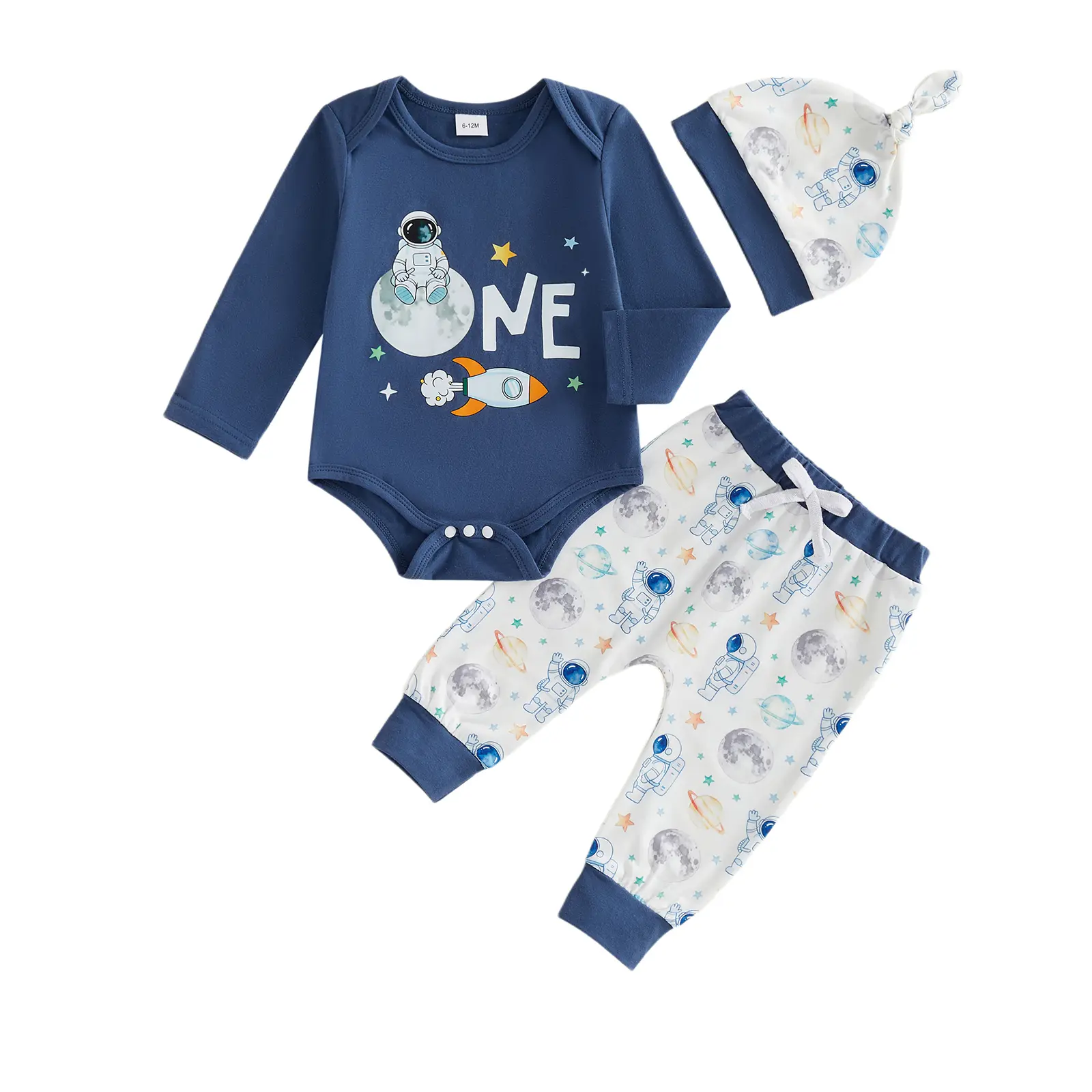 Infant Baby Boy First Birthday Outfit Aerospace Print Long Sleeve Romper Pants and Hat 3 Pcs Set Fall Winter 0-18 Months