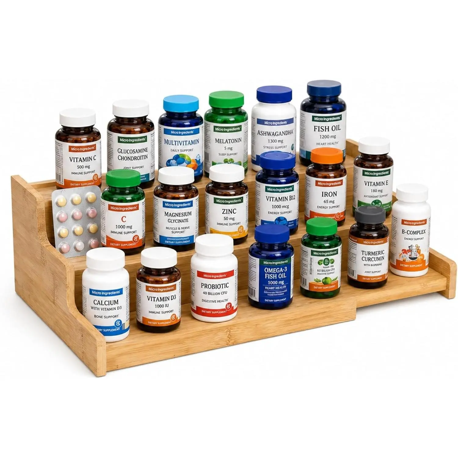 Medicine Cabinet Organizer, Adjustable Width Pill Bottle Organizer |   Wooden, adjustable & extendable prescription bottle organizer, 3-tier vitamin bottle organizer, expands 9.4-15.7 in