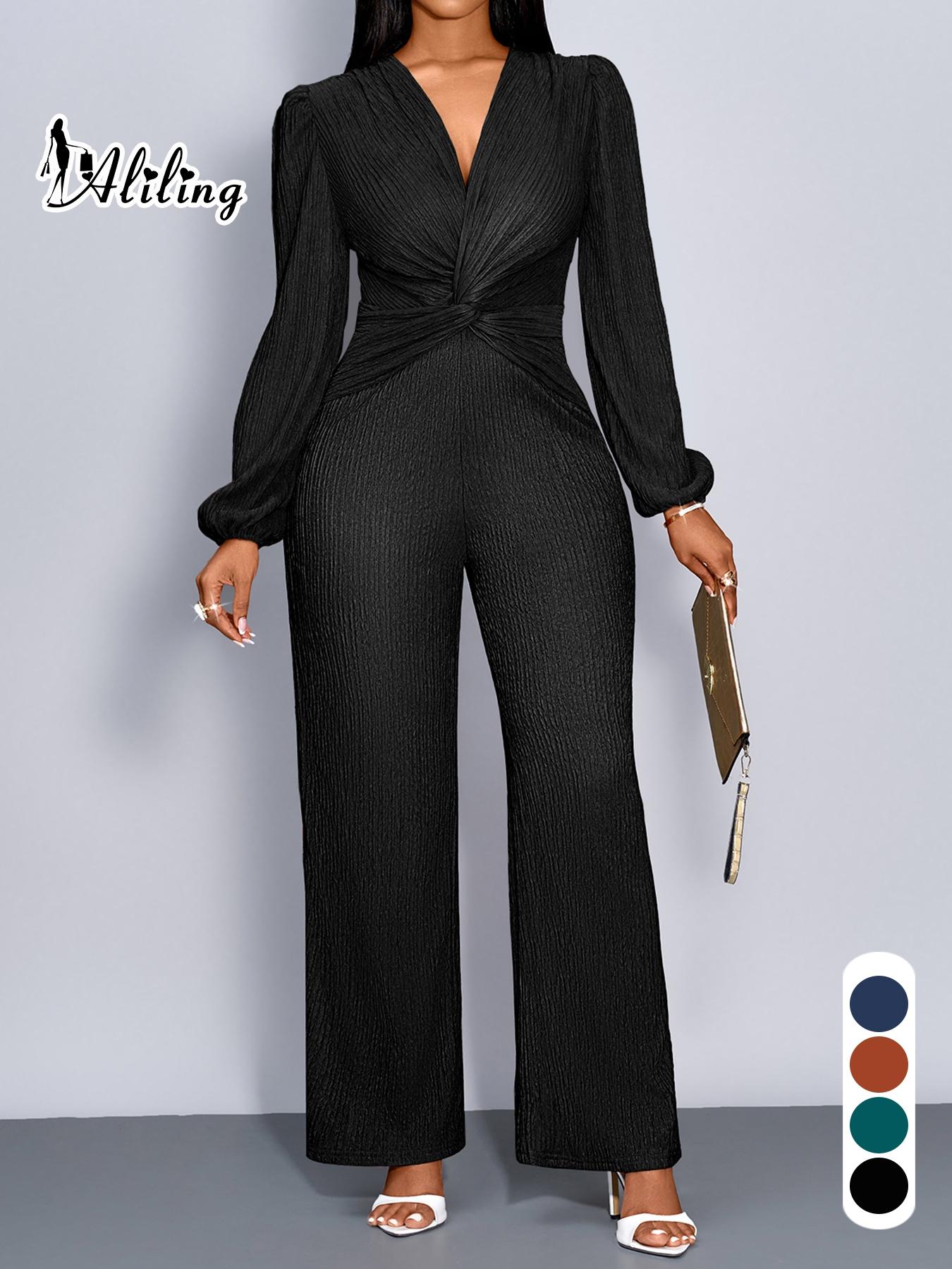 Aliling Fahsion Jumpsuit For Women Autumn Sexy Elegant Women's Jumpsuits, Deep V Neck High Waist Twist Design Long Pants, Puff Sleeve Wide Leg Pants Jumpsuit ,All Seasons Causal Wear