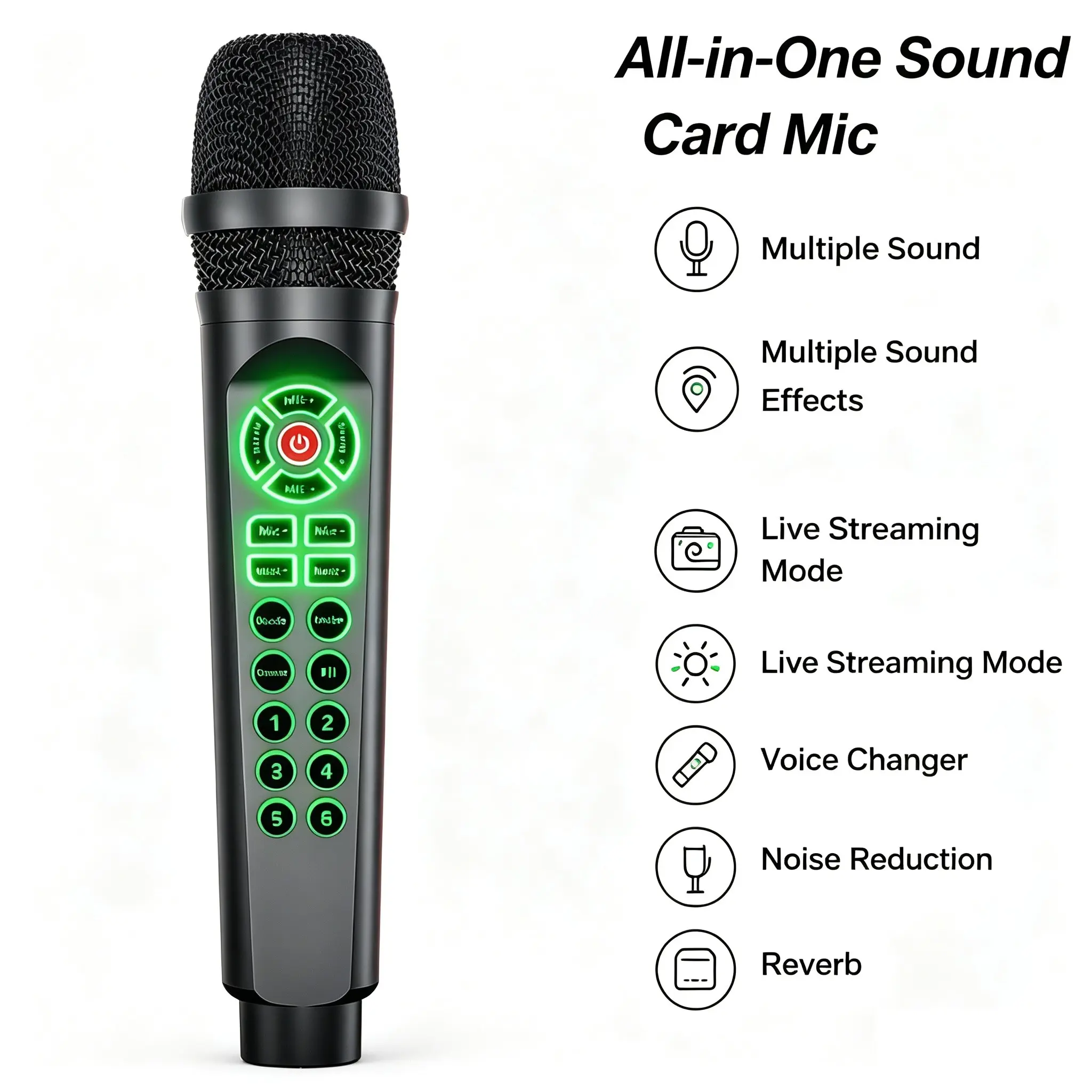 Multi functional sound card microphone, Bluetooth 5.0 live streaming karaoke microphone, with multiple sound effects and noise reduction functions, plug and play, suitable for iOS, Android PC podcast Vlog game recording