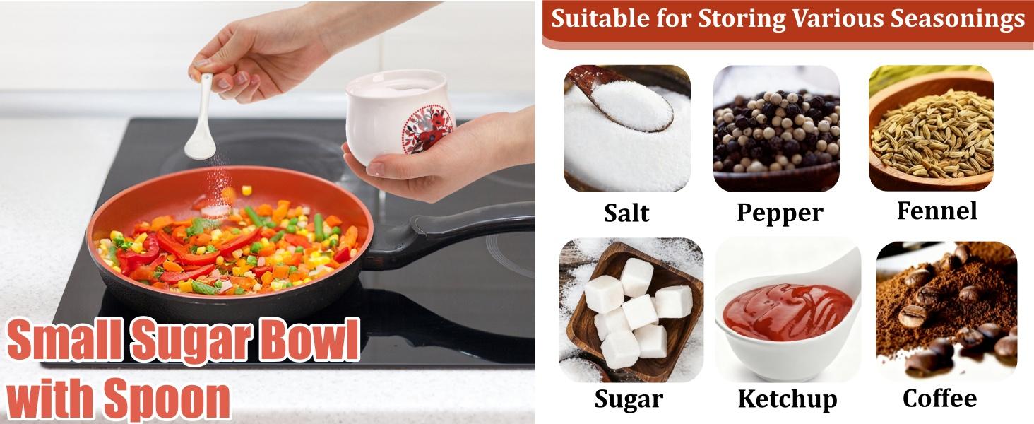 3 Pcs Ceramic Condiment Jars, 7 Oz Small Sugar Bowls with Lids Spoons and Shelf, Round Spice Container Pot Set for Salt Pepper, Empty Seasoning Box for Kitchen Restaurant Home, White