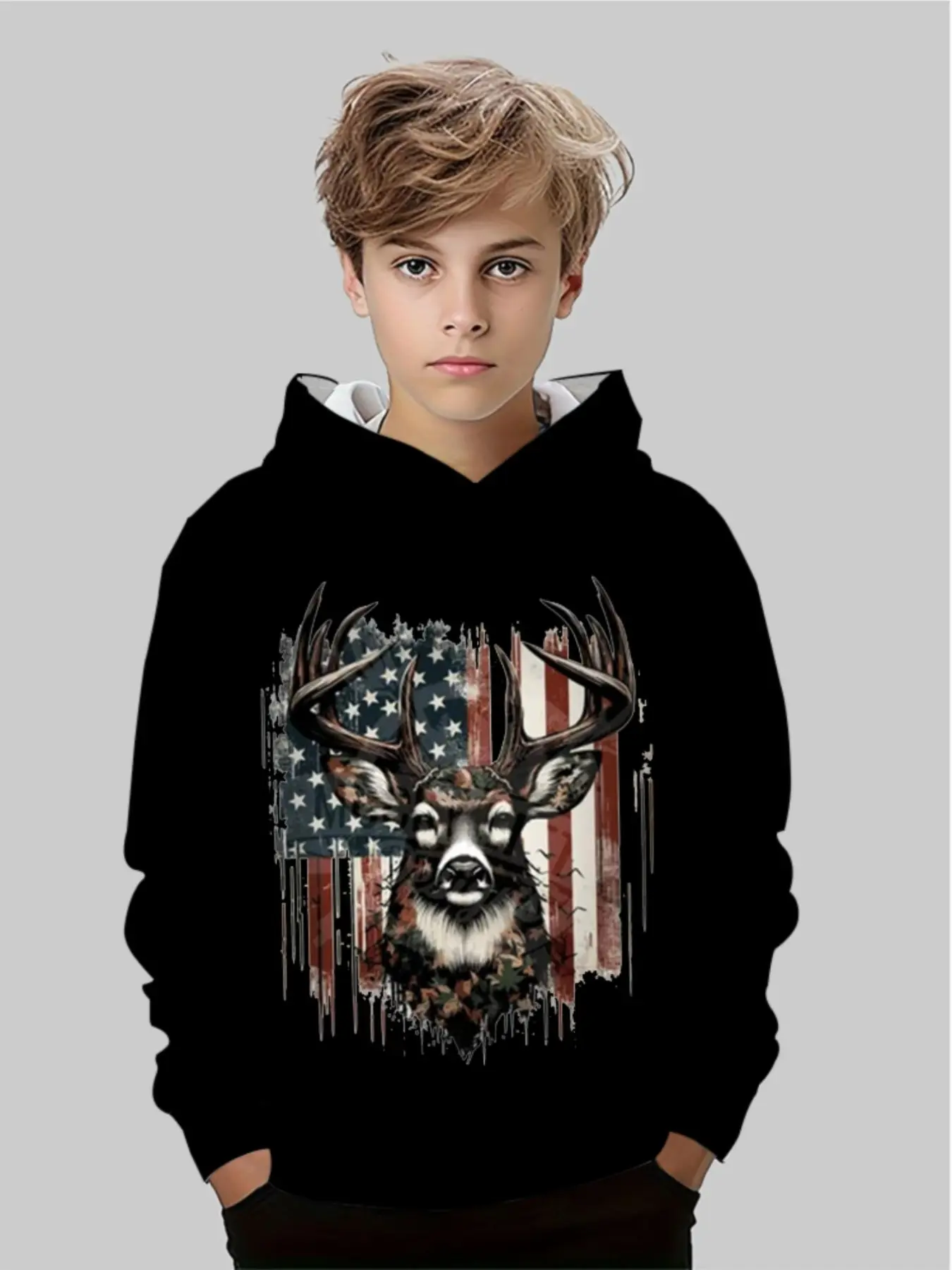 Deer Head Pattern Hooded Pullover for Boys, American Style Casual Loose-Fit Sweatshirt, Fall Fashion Graphic Print Top