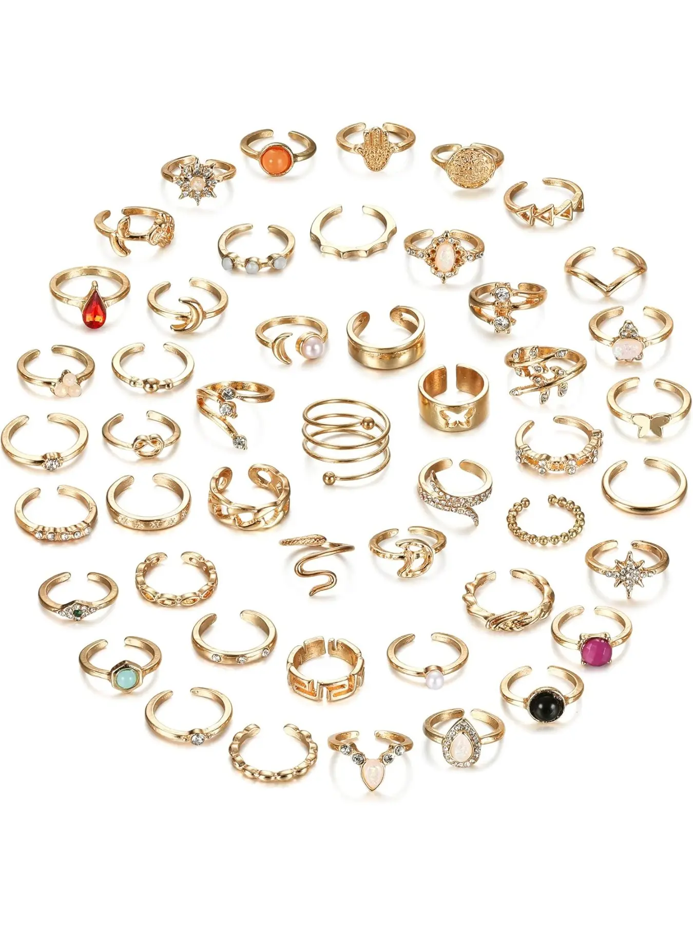 48pcs Open Toe Rings Set for Women Men, Adjustable Vintage Retro Knuckle Ring, Bohemian Toe Finger Tail Ring, 14k
