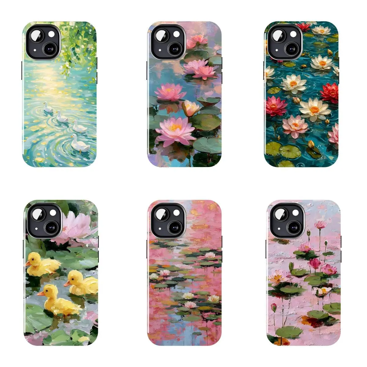 Water Lily Pond Phone Case, Impressionist Floral Art Cover, Pink Lotus Flowers & Ducks Nature Landscape, Cottagecore Botanical Aesthetic Protective Case for iPhone 11–17 Pro Max/Plus & Samsung Galaxy S23–S25 Series