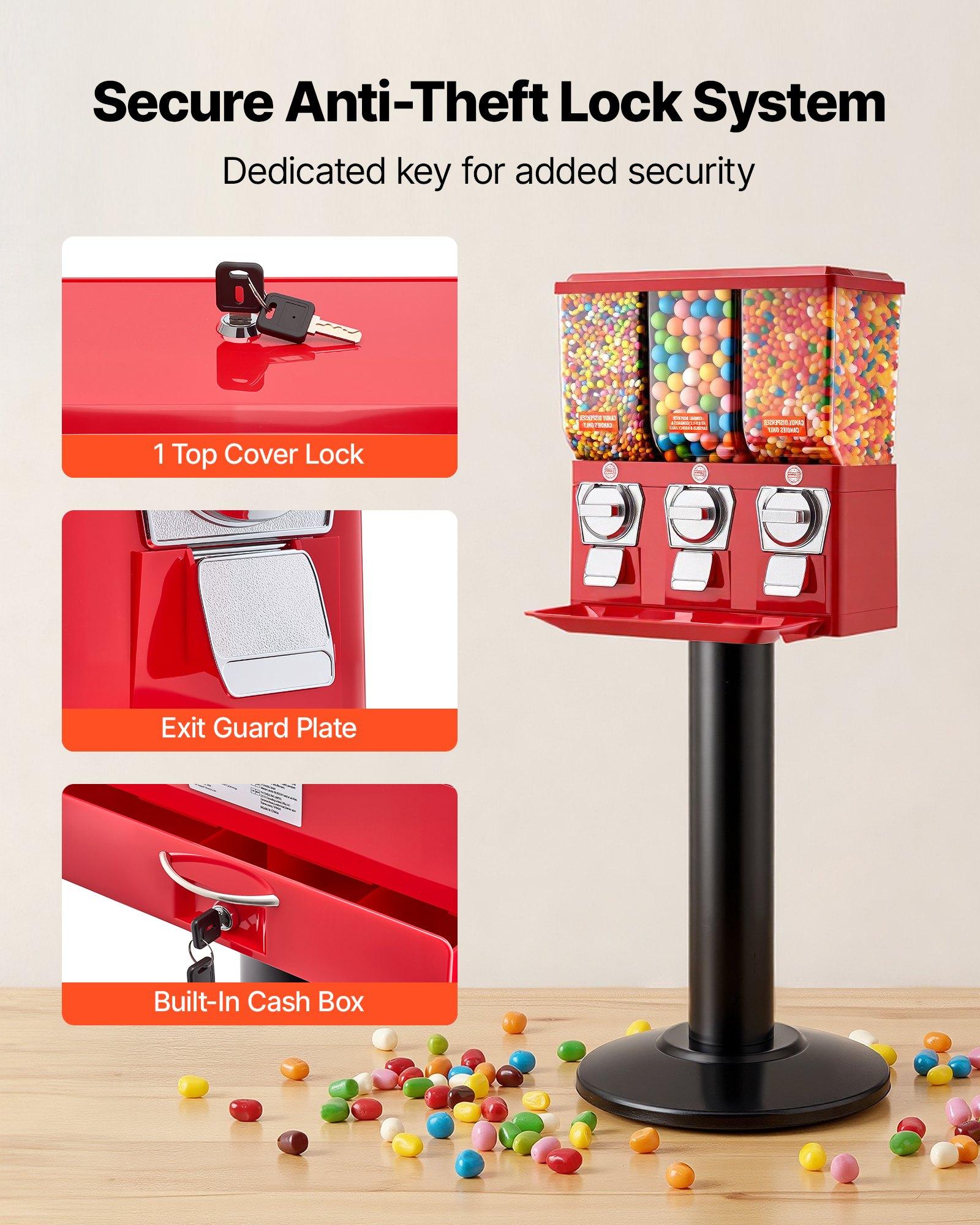 VEVOR Candy Vending Machine, Triple Compartment Candy Vending Machine with Stand, Gumball & Candies Vendings Machines with Built-In Cash Box, Detachable, Vintage Candies Dispenser for Shops, Arcades