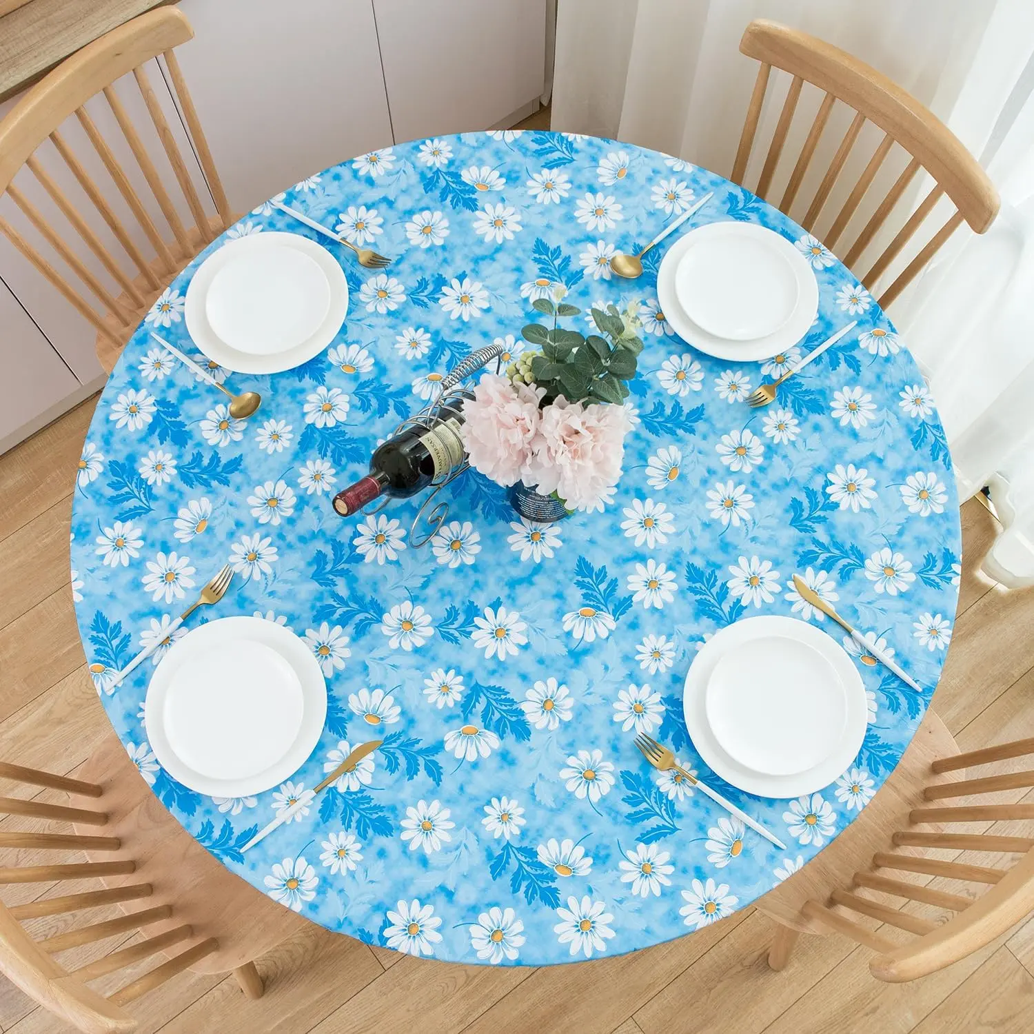 Round Fitted Vinyl Fabric Tablecloth - 1-Piece Elastic Edge, 100% Waterproof Oil-Resistant PVC Cover, Fits 40"-44" Inches for Indoor & Birthday Use, One-Piece
