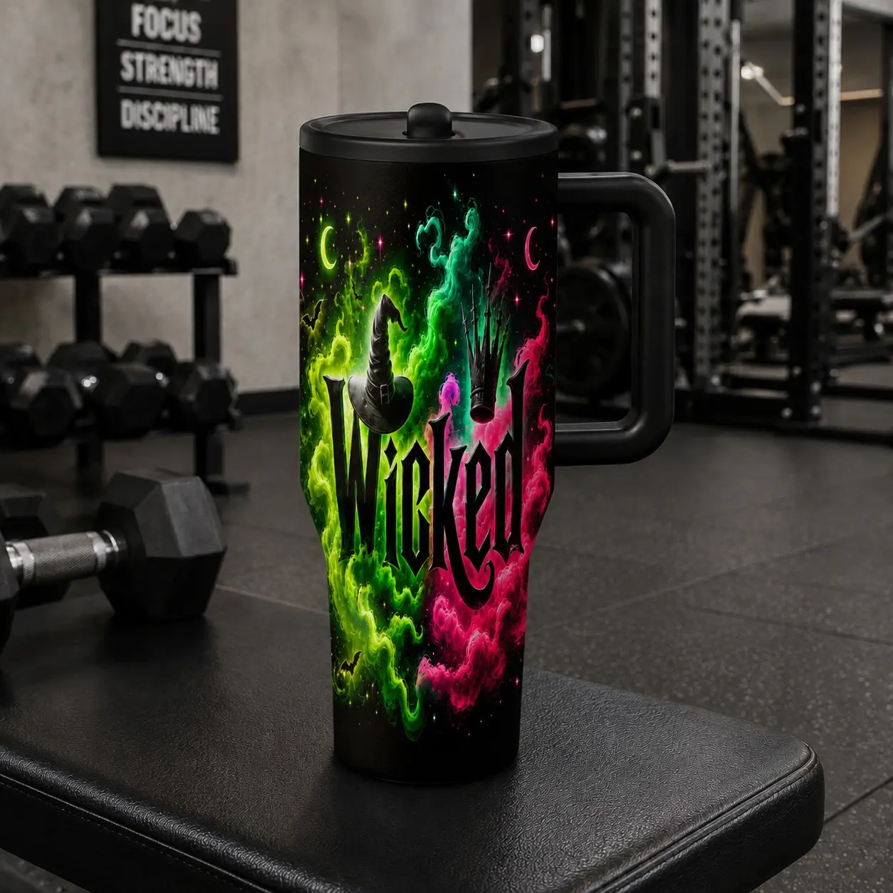 1PC 40oz Neon Witch Fantasy Musical Pattern Insulated Tumbler with Handle & Leak-Proof Lid, Double Wall Vacuum Travel Mug, Hot 12H Cold 24H, Large Capacity Cup for Men Women, Halloween Birthday Gift