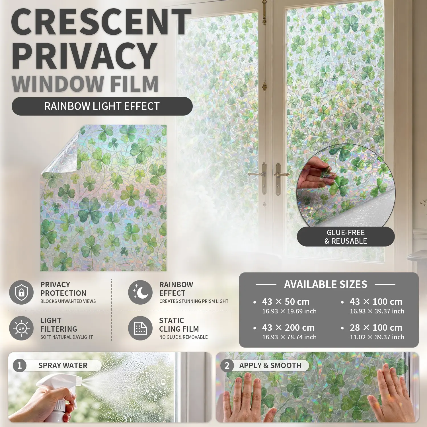 Glue-Free Static Clover Design Privacy Window Film, Transparent Pet/PVC Glass Sticker, Floral Pattern, Office & Living Room Decor