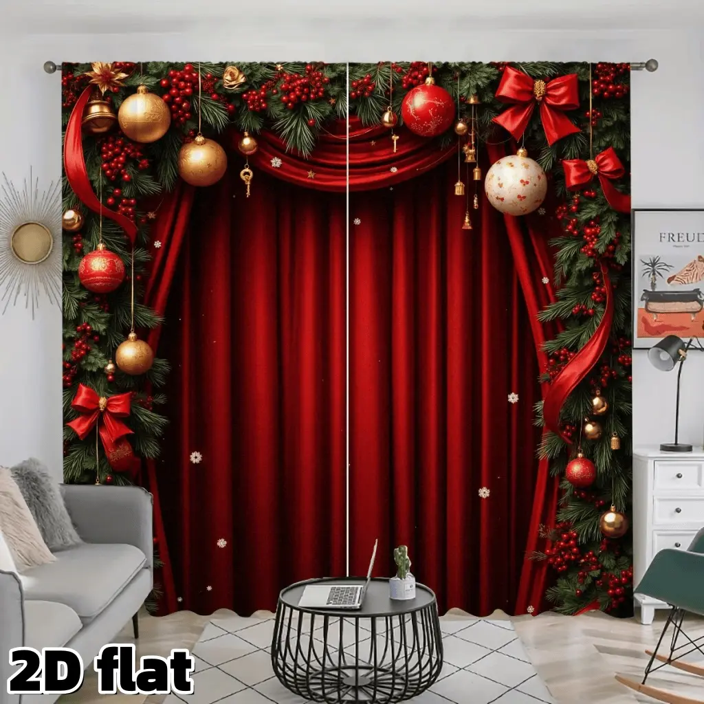 2D Flat 2Pcs Christmas Holiday Theme Curtain Panel, Burgundy Red Velvet Texture, Pine Branch Border, Gold Baubles Berries Bow Design, Rod Pocket Style, Semi Sunshade Polyester, Perfect for Living Room Bedroom Window Decoration, Anti