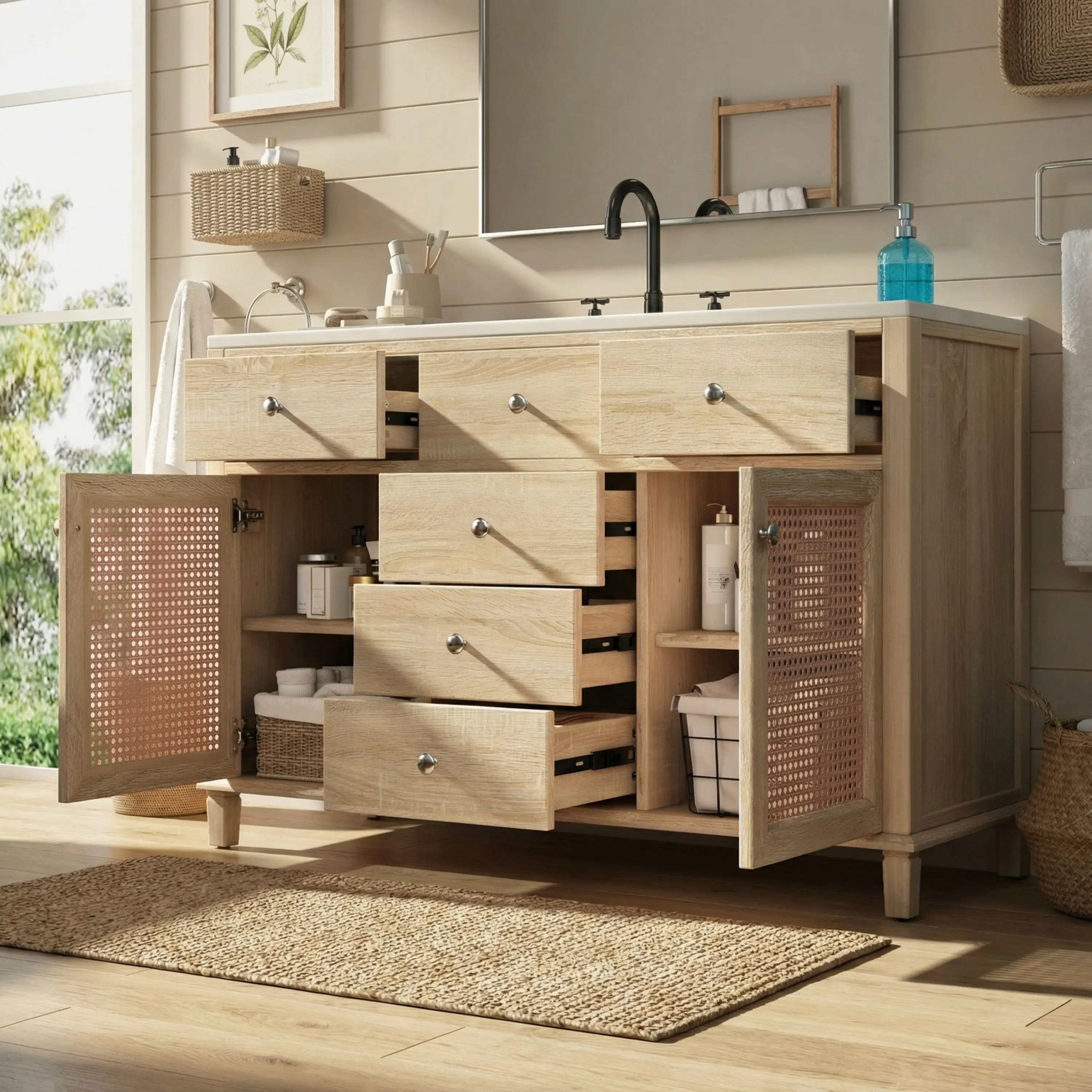 Nokaa 48-Inch Natural Rattan Bathroom Vanity with Ceramic Sink, Solid Wood Frame, 5 Drawers, 2 Rattan Doors, Natural Oak Finish, Freestanding Floor Cabinet for Bathroom, Laundry Room, Powder Room