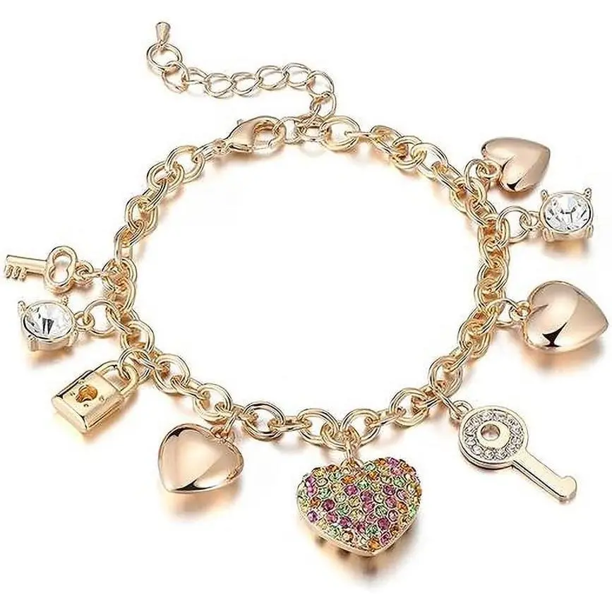 Gold Chain Link Bracelet - 7"+ 2" Extender 14K Gold Plated Love Locked Bracelets for Women, with Crystal, Love Heart,Key, Lock, Charm Bracelet