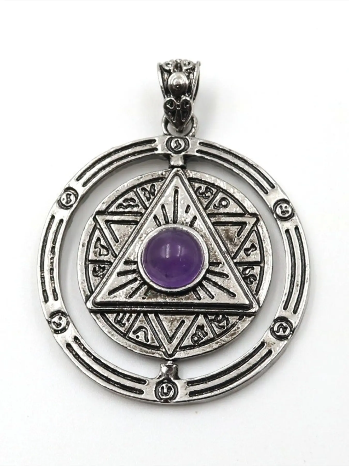 Rotating Natural Amethyst Crystal Pendant Necklace, Sacred Geometry Gemstone Charm, Vintage Spiritual Jewelry Gift for Women Men