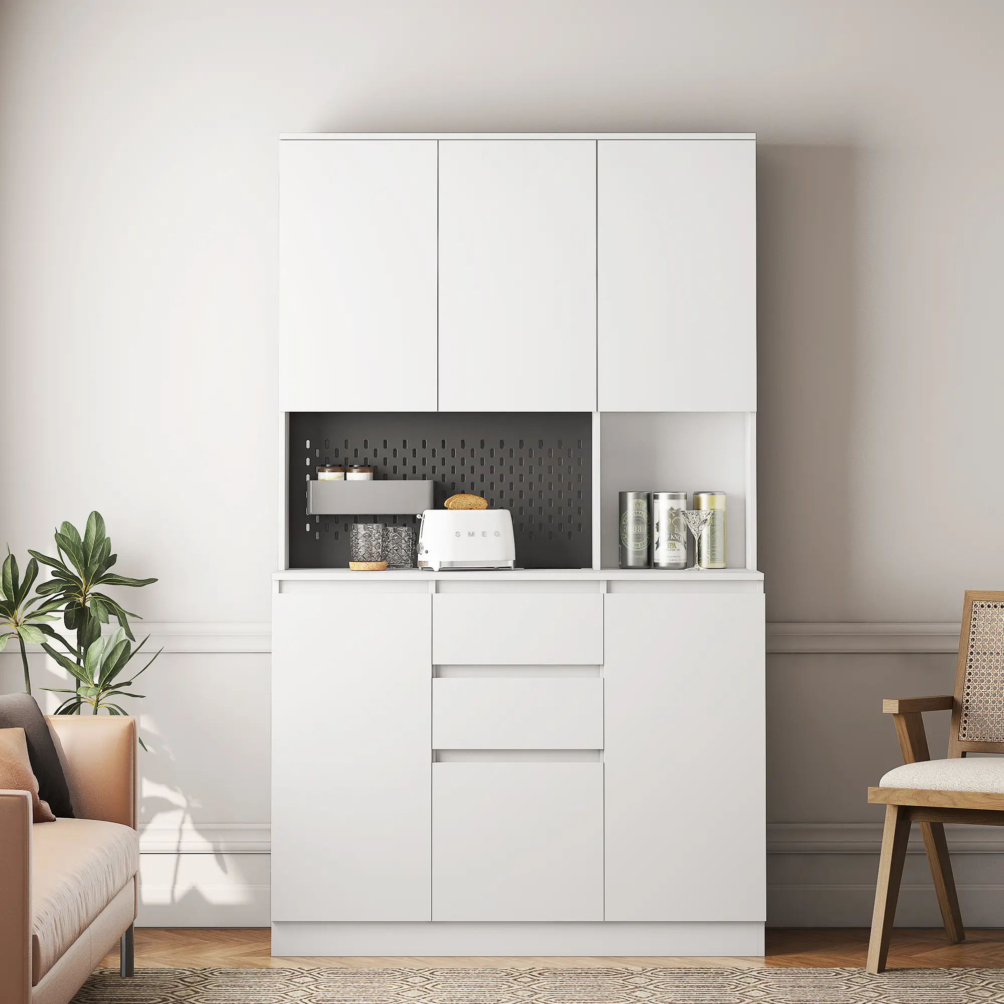 ARCH 74in Kitchen Pantry Cabinet with Charging Station Freestanding Buffet Sideboard Cupboard with Drawer Microwave Stand Storage Cabinet for Dining Room Living Room White Particle Board, White Color Options, Particle Board Material