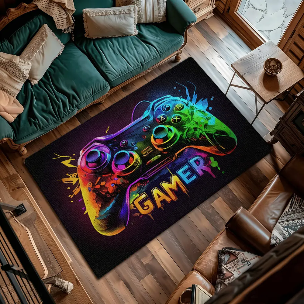 Black Base Color Splash Game Controller GAMER Letter Flannel Gaming Rug #NeonGamepadGamerRug #PaintSplashEsportsMat #FlannelCarpet #GamerBedroomDecor