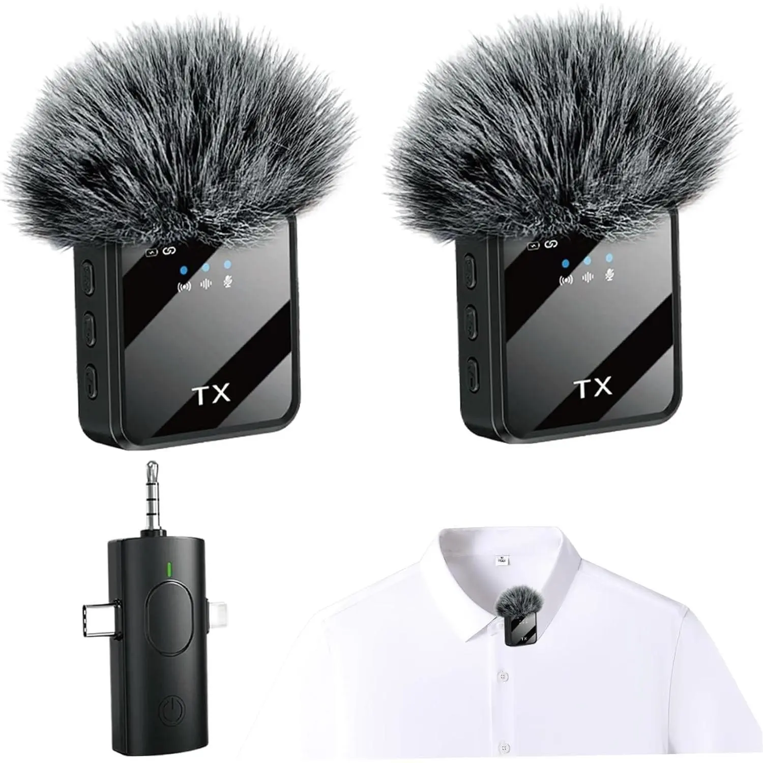 2-Pack Wireless Lavalier Microphone, Noise Canceling Clip-On Mic with 3.5mm Jack & LED Display – For Interview, Podcasting, ASMR & Audio Recording