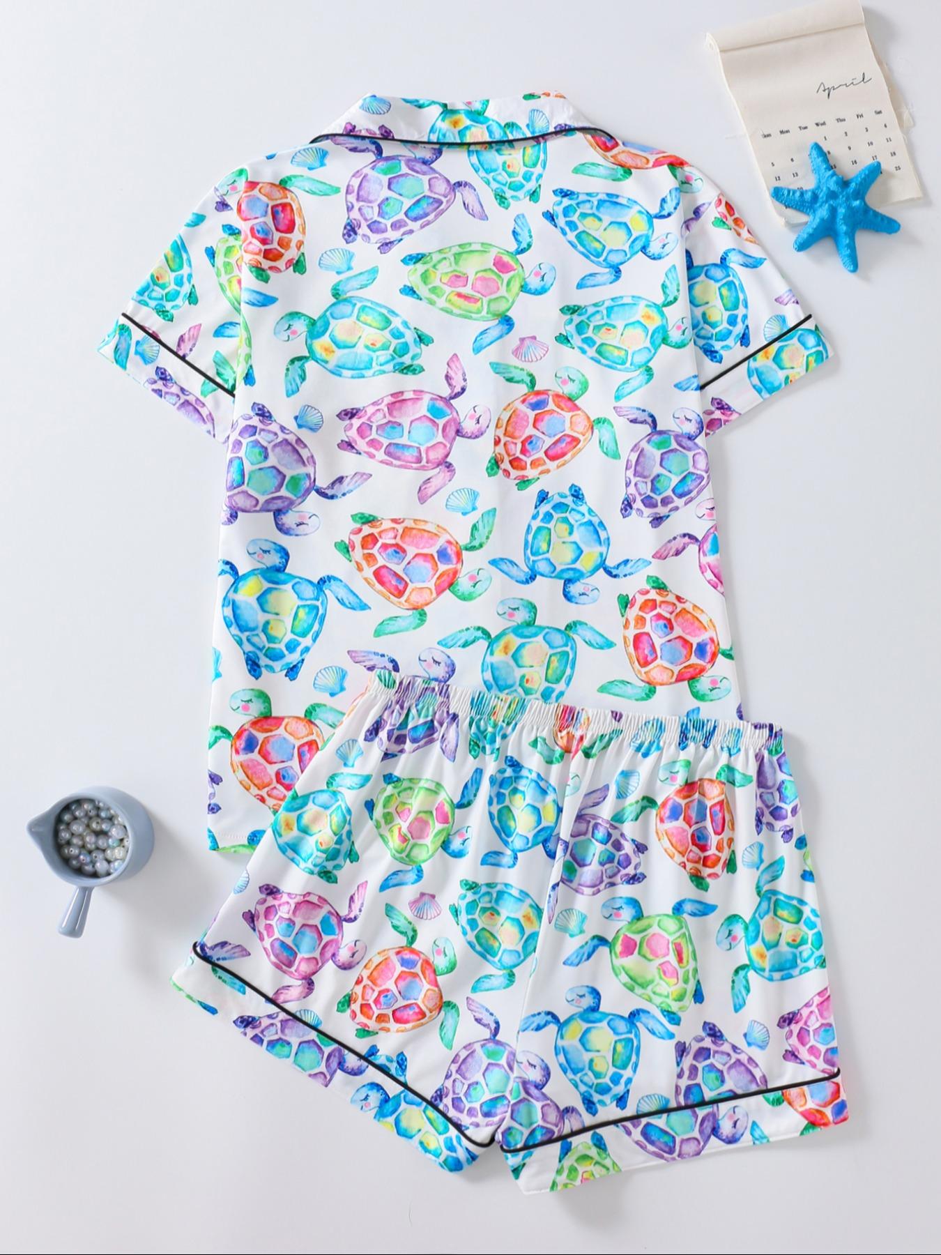 Women's Turtle Print Shirt & Shorts Pajama Two-piece Set, Casual Comfy Short Sleeve Top & Shorts Pajama Set, Ladies Summer Sleepwear & Loungewear