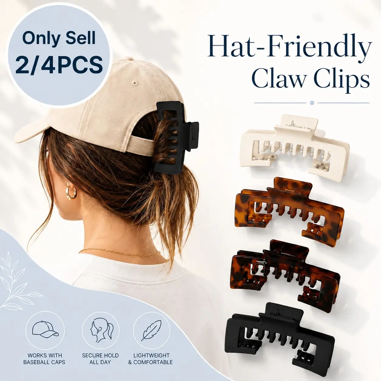 Hat-Friendly Claw Clips for Baseball Caps, 2/4 PCS Claw Clip Pack Trucker Hat Hair Clips for Women, Hat Claw Clip for Women, Adjustable Trucker Hat Hair Clips for Thick Thin Hair, Large Hat Claw Clips for Gym Beach Holiday Outing, Hair Claws Set