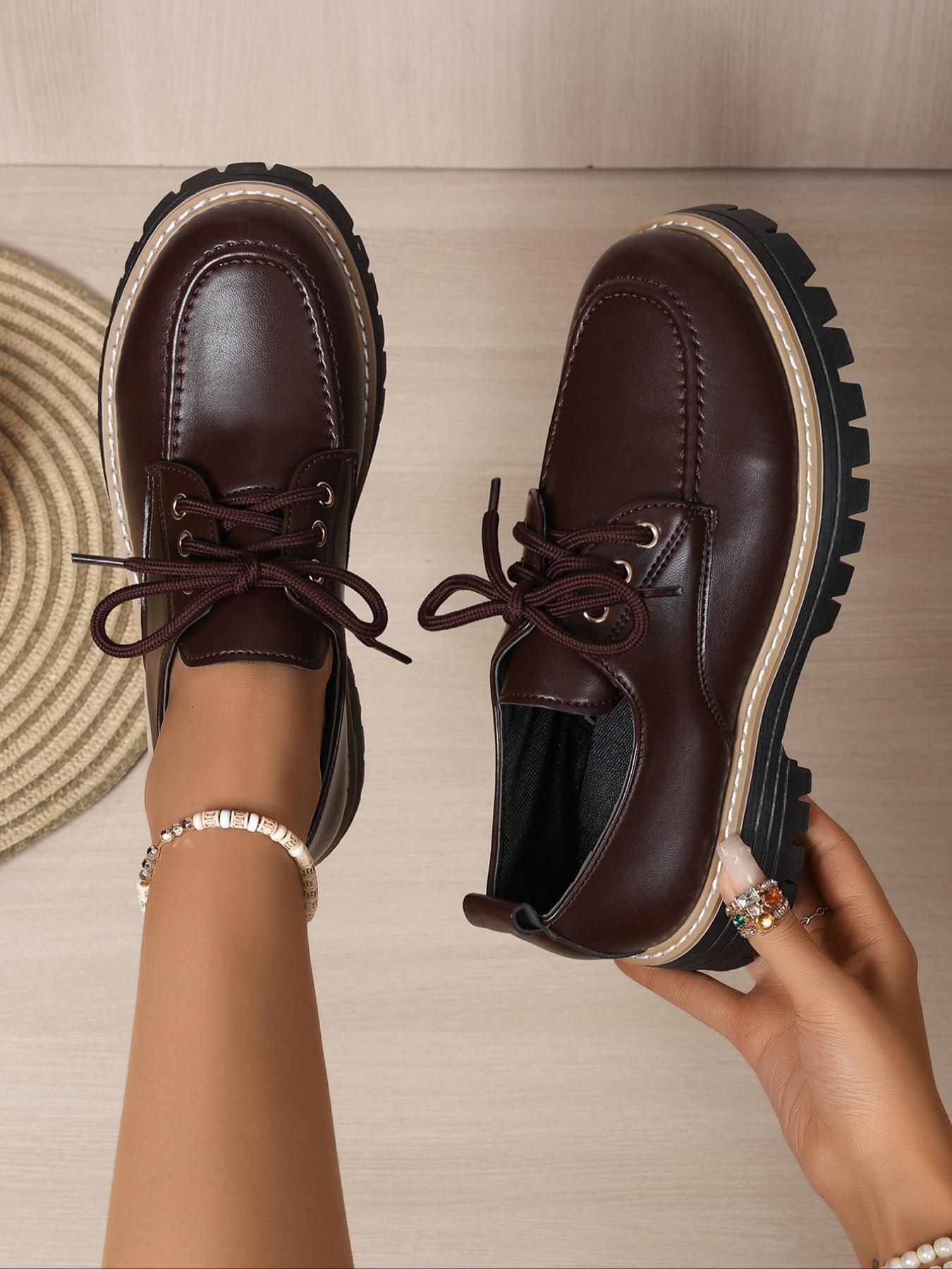 Women's Fashionable Solid Color Lace Up Loafers, Casual Comfortable Round Toe Office Commuting Shoes for Daily Wear, Lightweight Breathable Shoes for Women & Girls, Closed, Casual Business Shoes
