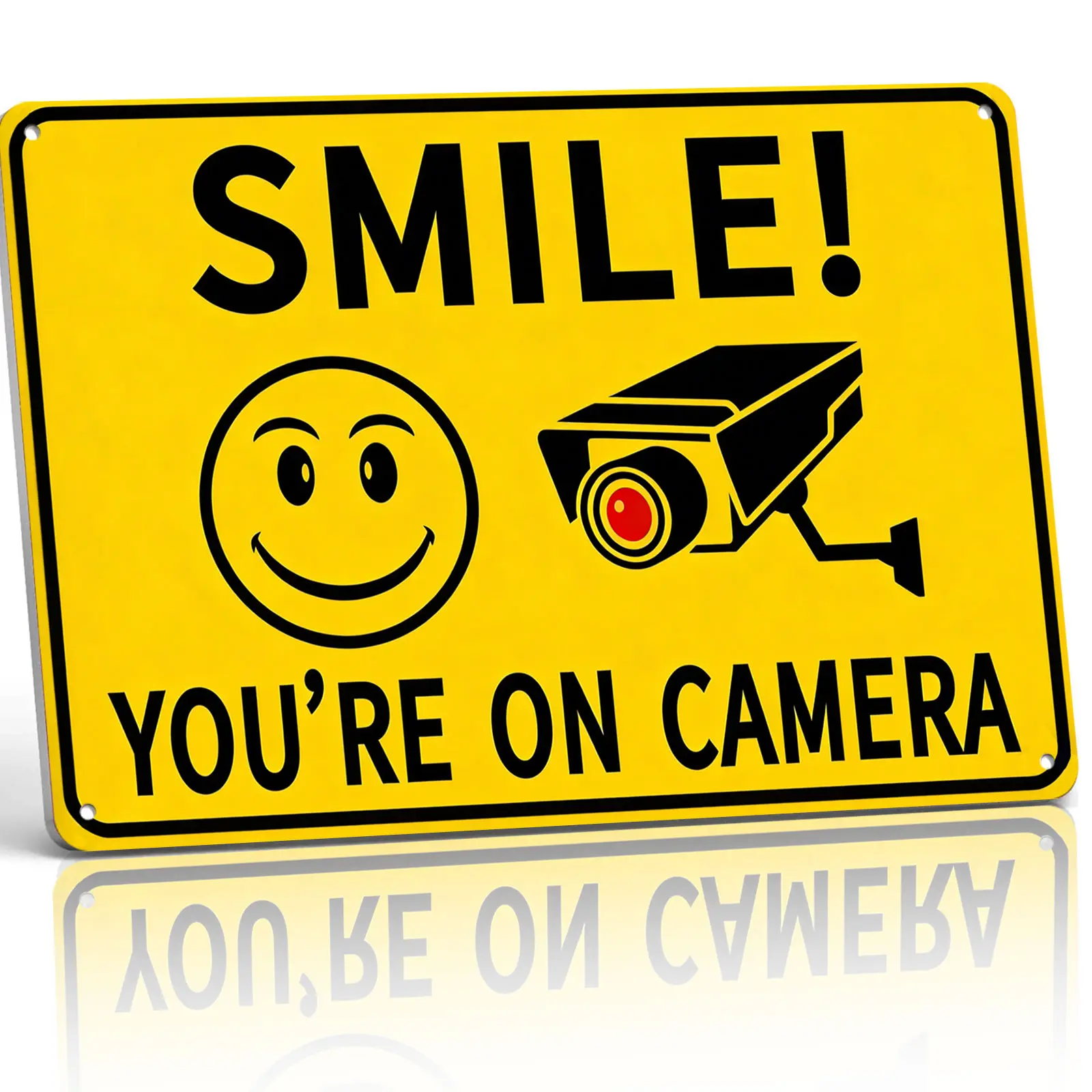 Smile You're On Camera 8x12 Aluminum Warning Metal Sign, Bright Yellow Security Surveillance Wall Plaque. Weatherproof durable sign for gate, store entrance & backyard, fun friendly private property safety wall decor.