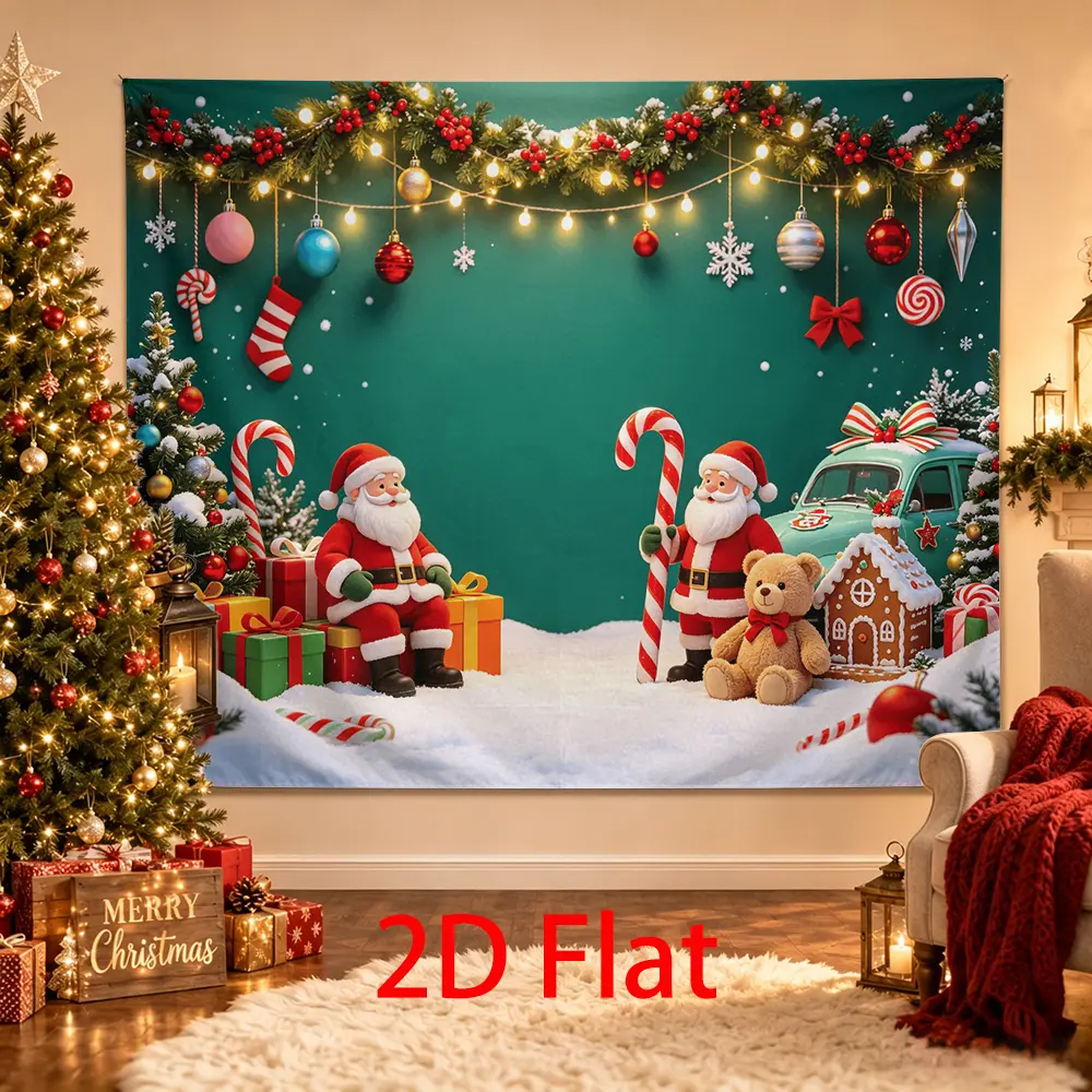 Christmas Santa Backdrop with Candy Canes, Teddy Bear, Vintage Car and Gifts