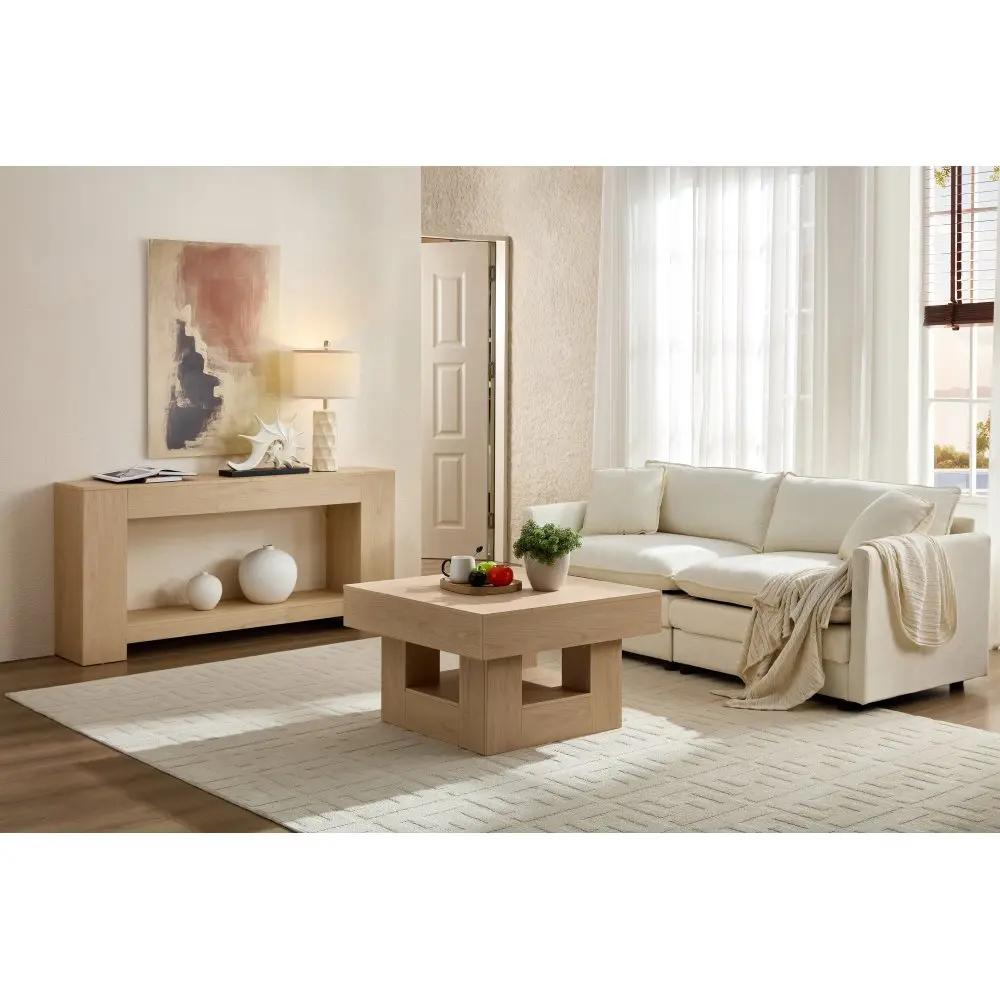 Rustic Square Coffee Table with Scalloped Edge Design, Farmhouse Low Profile Wooden Center Table, Modern Boho Accent Table for Living Room, Stylish Wood Coffee Table with Elegant Curved Details, Decorative Cocktail Table for Apartment, Home Office & Loung