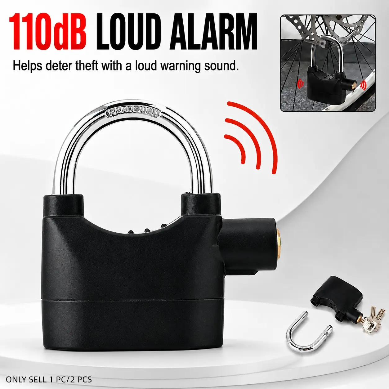 110dB Loud Alarm Hanging Padlock, Outdoor High-Security Anti-Theft Lock with 3 Keys, U Shackle Padlock for Garages, Fences, Storage Units, Bicycles and Motorcycles