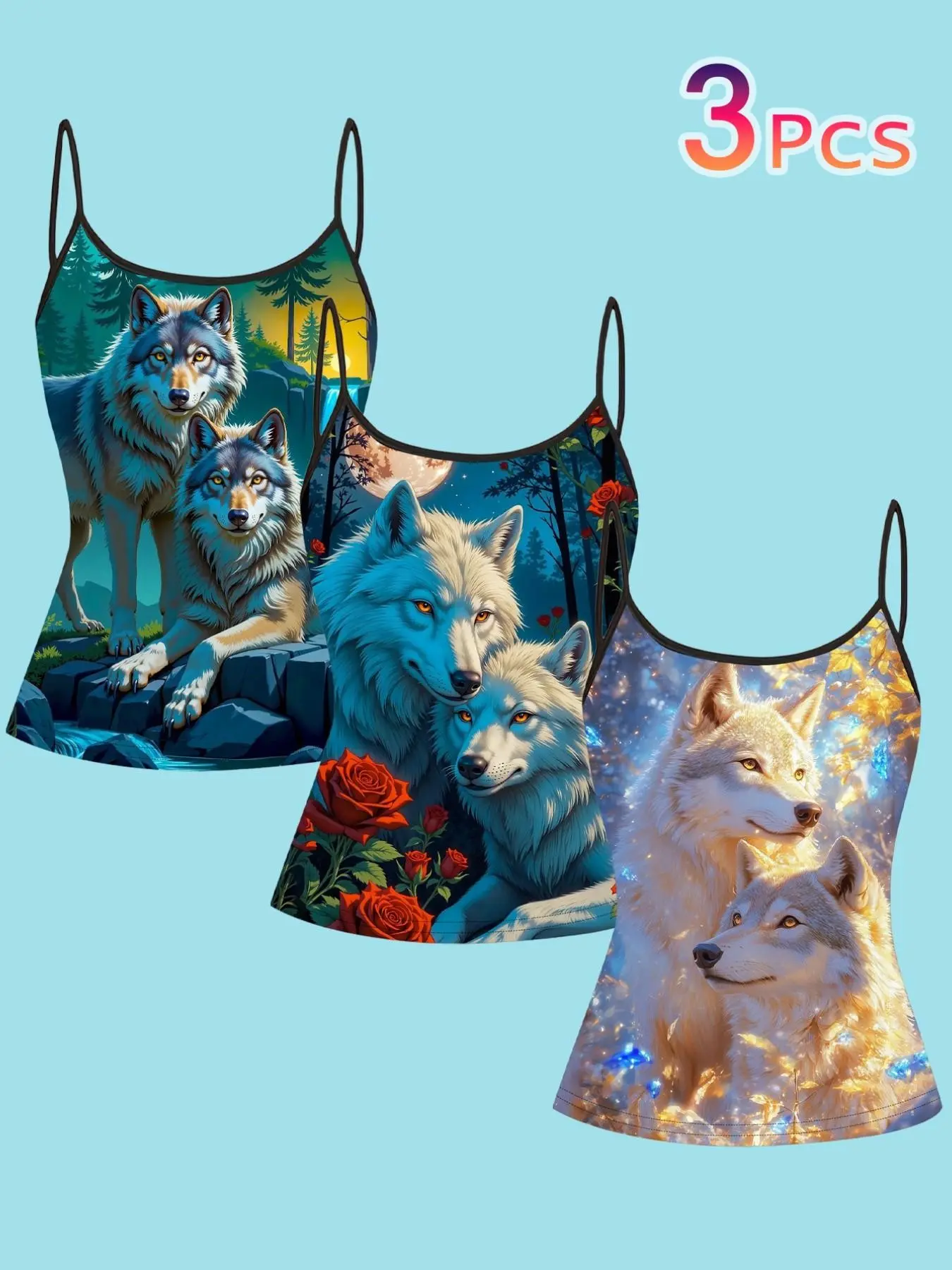 Women's Summer Wild Sleeveless Spaghetti Strap Tank Top, Moonlight Rose Star Wolf Print, Thin Strap Backless Vest Set, 3-Piece for Casual Wear