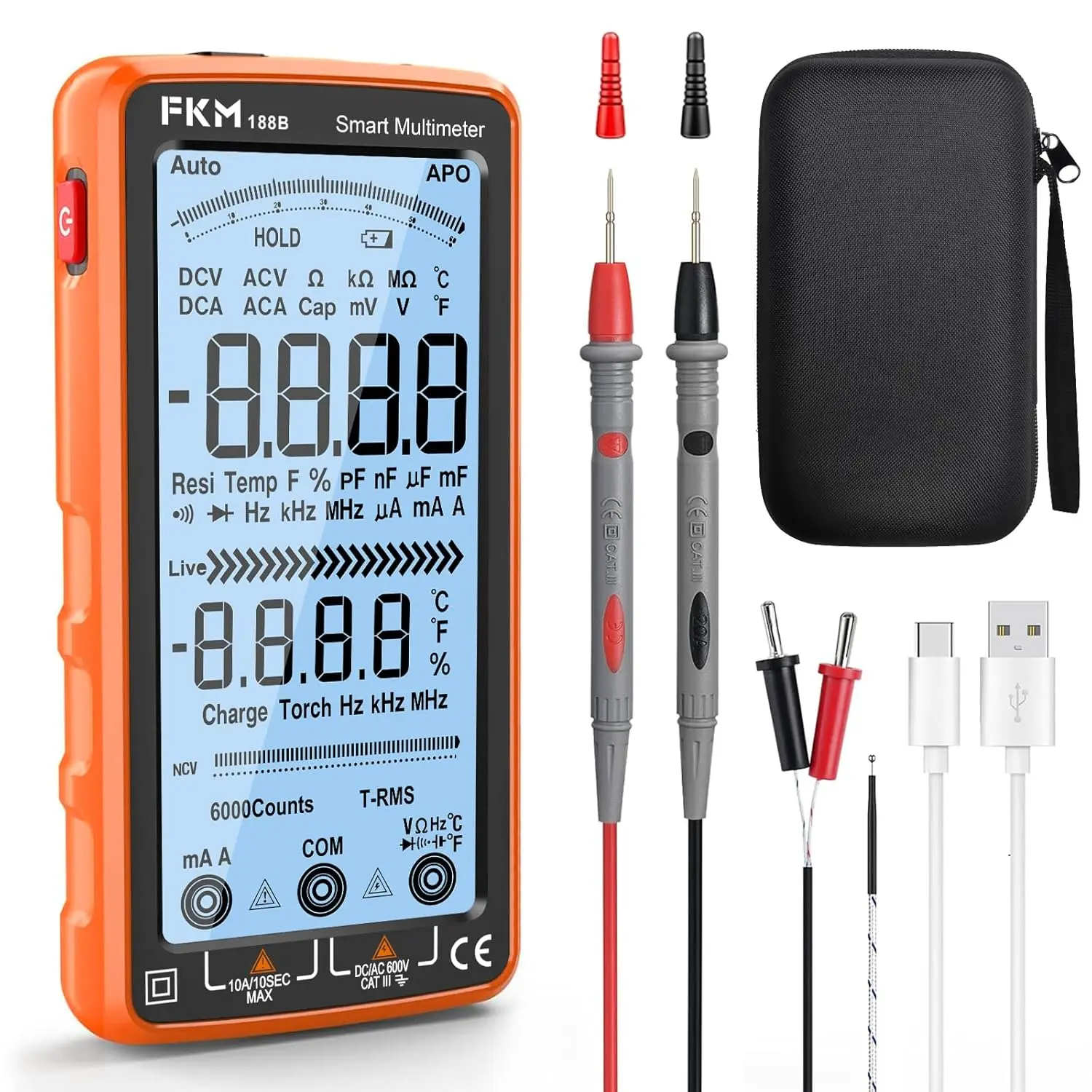 2026 FKM Digital Multimeter Tester Auto-Ranging TRMS 6000 Counts Smart Rechargeable Voltmeter Electrical Tester Measures AC/DC Current,Voltage,Capacitance,Resistance,NCV,Amp,Ohm,Diodes,Countinuity,Temp
