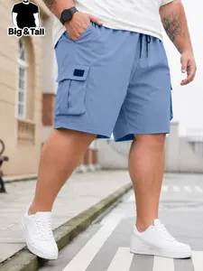 Men's Plus Size Shorts with Pockets and Waist Drawstring, Summer Comfortable Fit, Fashion Slimming Design, Polyester Material