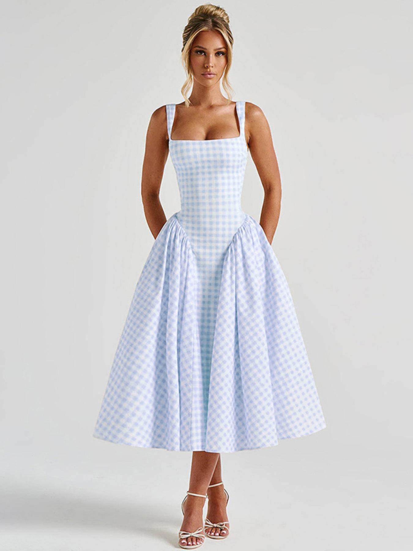 Women's Gingham Print  Square Neck Tank Dress, Chic Fashion Casual Sleeveless A Line Dress for Daily Outdoor Wear, Ladies Dress for Summer