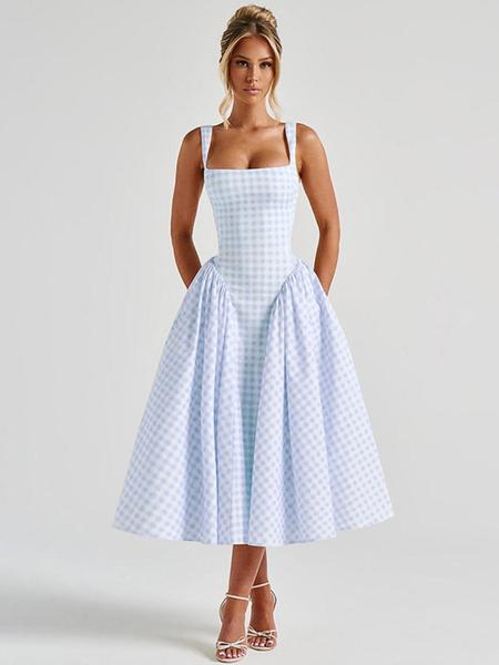 Women's Gingham Print  Square Neck Tank Dress, Chic Fashion Casual Sleeveless A Line Dress for Daily Outdoor Wear, Ladies Dress for Summer