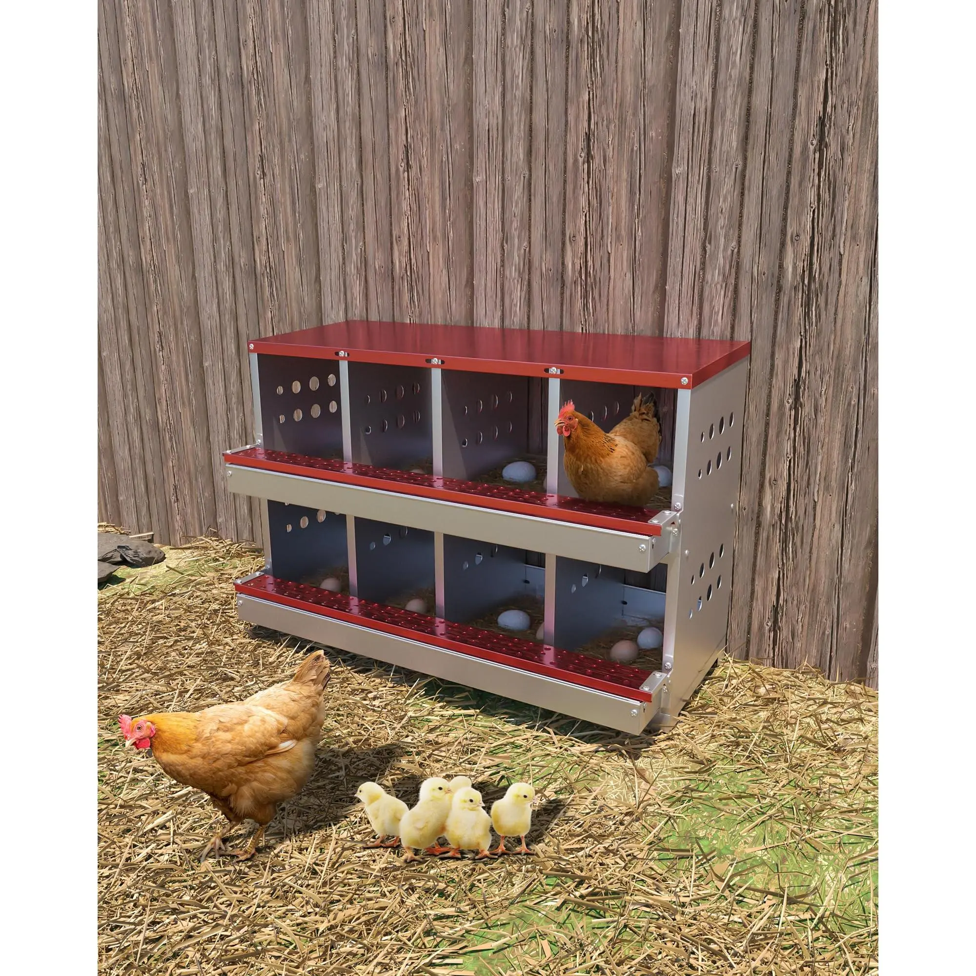 8-Compartment Metal Chicken Nesting Box with Roll-Away Egg Tray – Ventilated, Waterproof & Rustproof, Perch, Wall-Mountable, Ideal for Hens & Coops, Olive/Crimson/Green