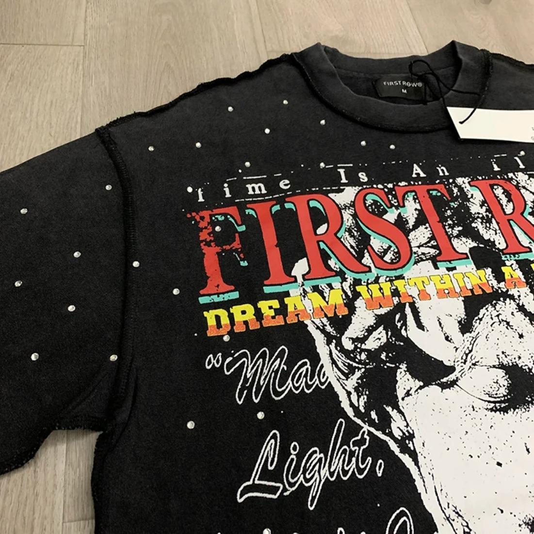 Casual FIRST ROW T-Shirts Washed Street Fashion American Style Hot Drill Letters Mens Womens High Quality Short Sleeves Tee Streetwear Trendy Graphic Tee Urban Fashion Cool Casual Look Unisex Stylish Summer Tee