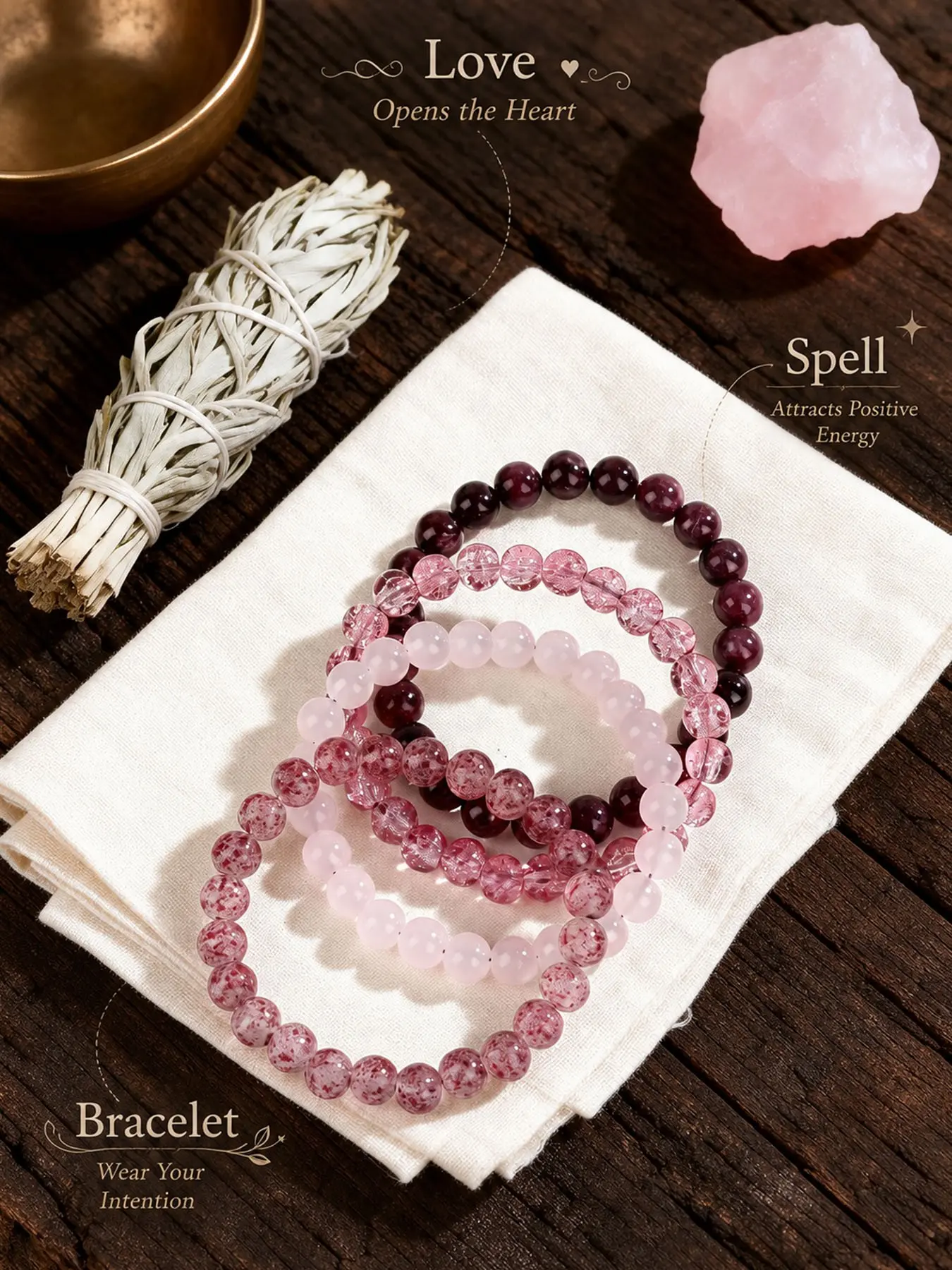 Natural Strawberry Quartz Bracelets for Women, 4Pcs Stackable Pink Crystal Beaded Bracelet Set, Elastic Stretch Healing Stone Jewelry