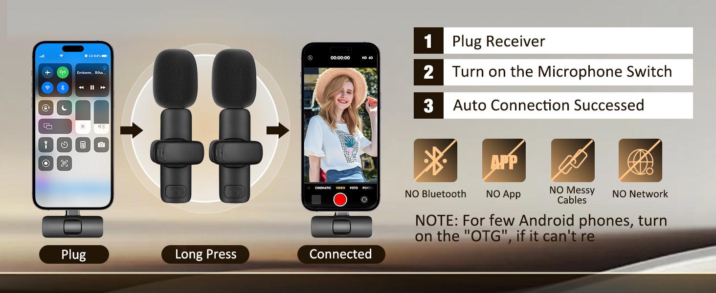 2 Pack Wireless Lavalier Microphone for iPhone 15, USB C Android Phone, Laptop, Tablet, PC, Type-C Mini Lapel Mic with Noise Reduction for Vlog Video Recording Content Creator TikTok Youtube Podcast : Musical Instruments