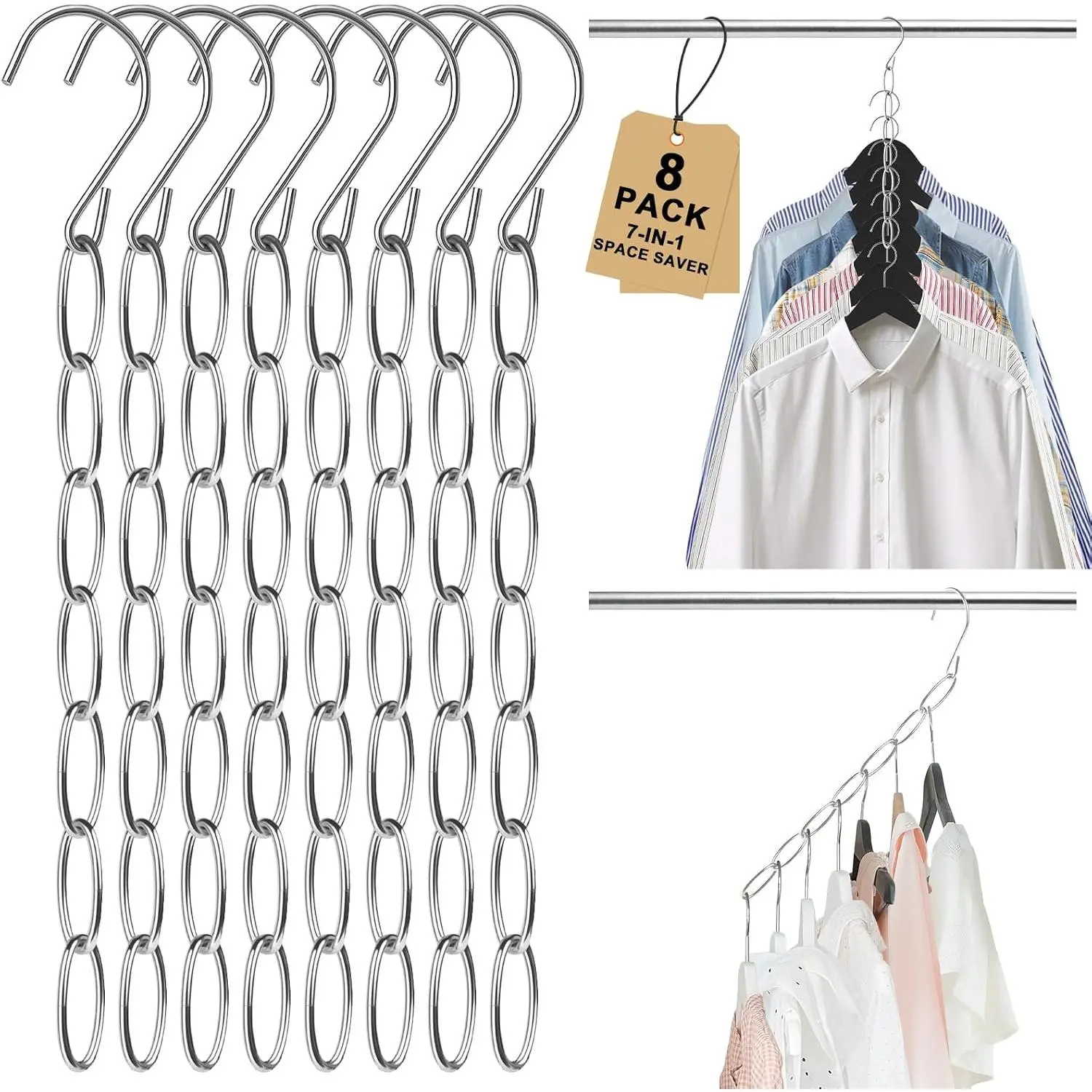 Space Saving Hangers, 8 Pack Metal Clothing Chain Hangers with 7 Holes, Closet Organizer & Cascading Hanger Organizer for Dorm, , RV Wrinkle Reducing, Small Space Storage Solution