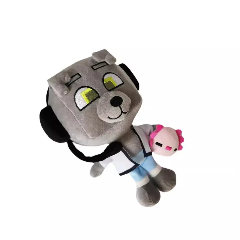 Glow-in-the-Dark Cube Head Grey Wolf Plush Toy, Cute Wolf Stuffed Doll with Mini Axolotl, Soft Animal Plush Figure, Birthday & Holiday Gifts for Kids and Collectors