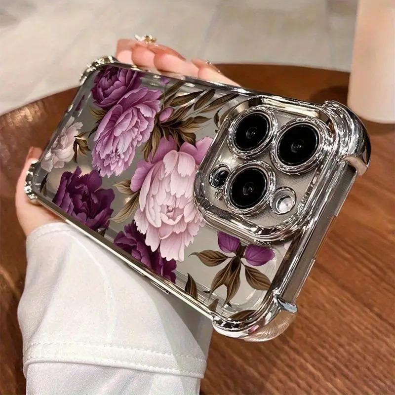 Purple Peony Pattern, Four-corner Electroplating Anti-drop, Non-slip TPU Full-cover Lens Mobile Phone Protective Case, Suitable for IPhone 17 16 15 14 13 12 11 XS X and Other Series Models, Can Be Given As A Gift To Friends or Family