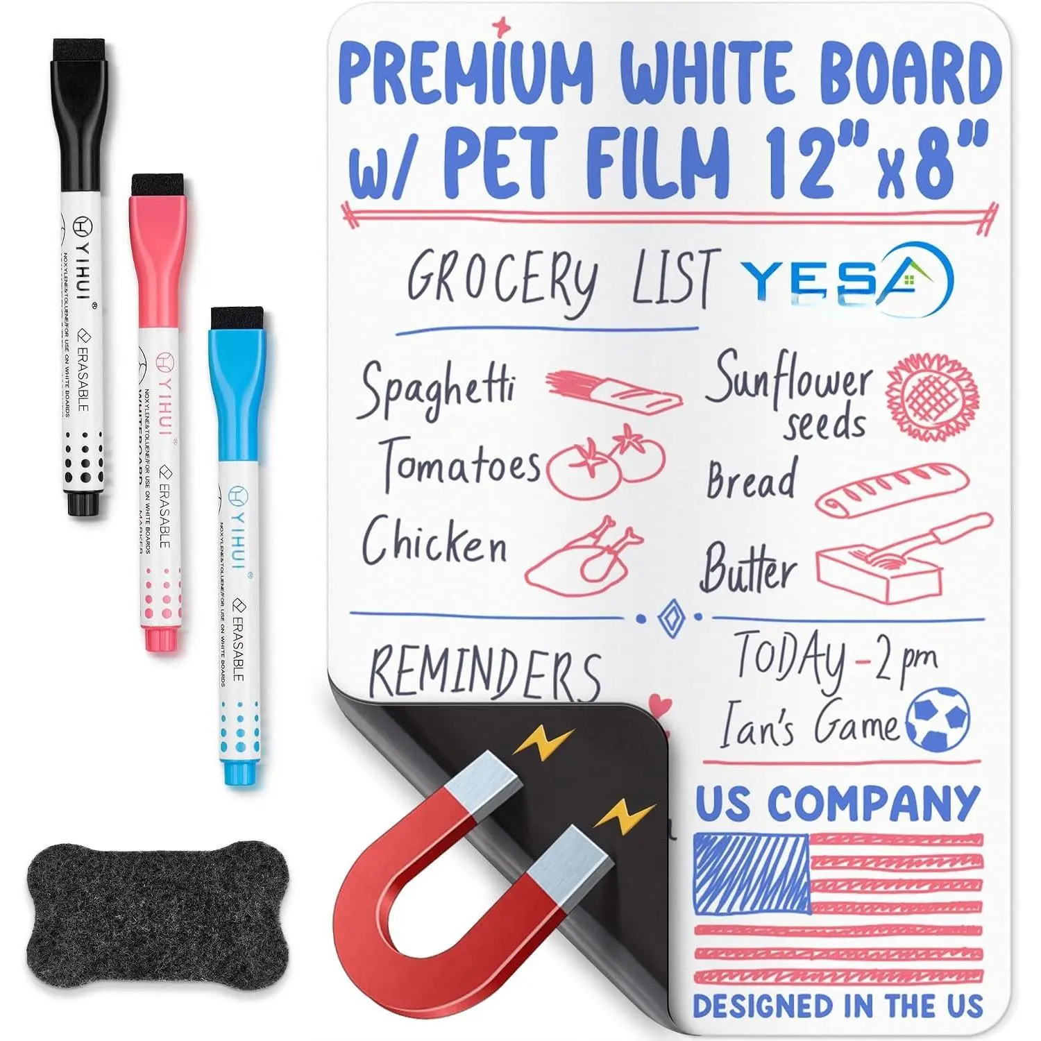 Magnetic Dry Erase White Board Sheet for Fridge Door - 12x8 in Organizer with Stain Resist Technology, 3 Markers and Big Eraser