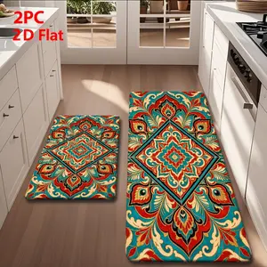 2/3pcs Flannel Kitchen Mat Set, Blue Colors, Peacock Feather Pattern, Non-Slip, Absorbent, Home Decor