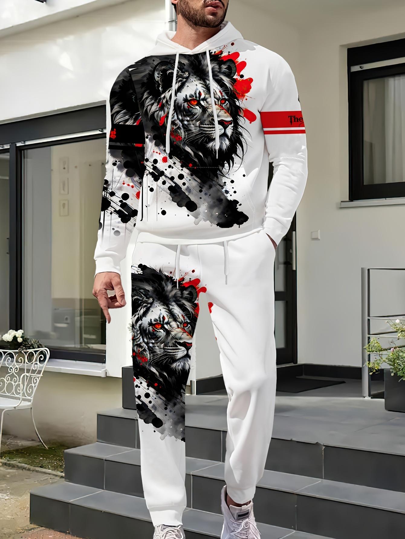 Men's casual 2-piece set, lion ink print hoodie and sweatpants, spring and autumn fashion outfit