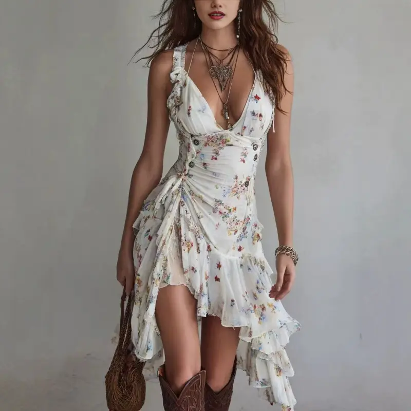 Women's Floral Print Dress, Fitted Street Sexy Sleeveless V-Neck in Chiffon with Ruffled Back and Irregular Hem, Printed Color, Casual Wear, Clothes, Ruffled Back Casual Dresses, V-Neck Cut, Chiffon Dress